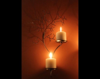 Large left hand two candle metal  tree sculpture  wall sconces for votive and pillar candles