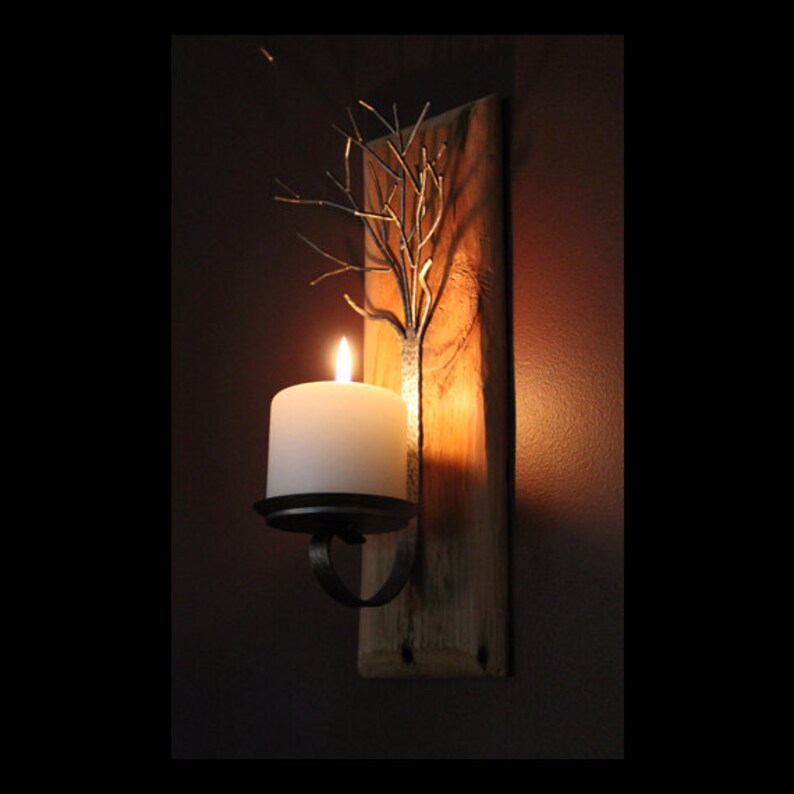 Metal Tree Sculpture Candle Wall Sconce on Reclaimed Wood Base Etsy