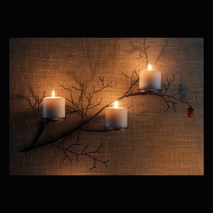 Right hand metal  tree branch sculpture wall sconce with hand turned acorn for votive and pillar candles
