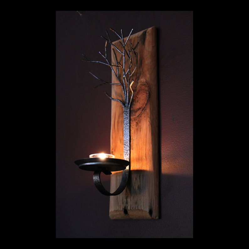 Metal Tree Sculpture Candle Wall Sconce on Reclaimed Wood Base Etsy