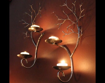 Set of two candle metal  tree sculpture  wall sconces for  votive and tea candles