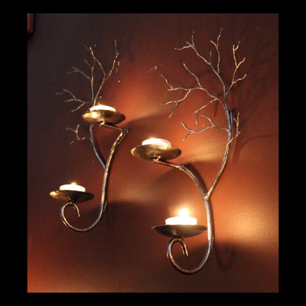 Set of two candle metal  tree sculpture  wall sconces for  votive and tea candles