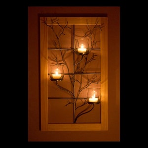 Window frame wall sconce with metal tree sculpture and vase style glass votive holders