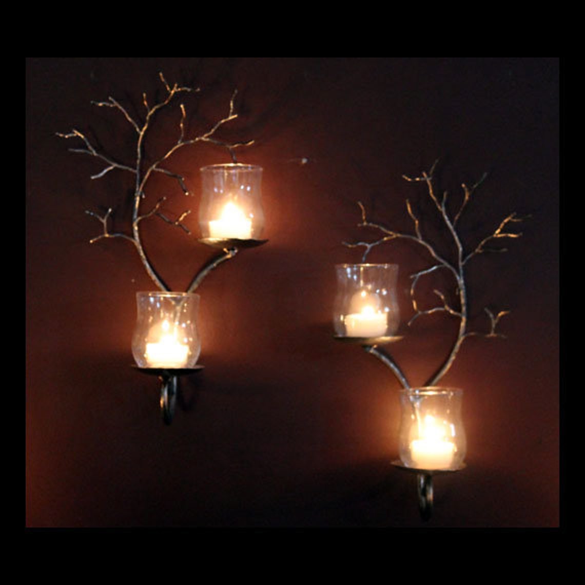 Set of Two Candle Metal Tree Sculpture Wall Sconces for Votive Etsy