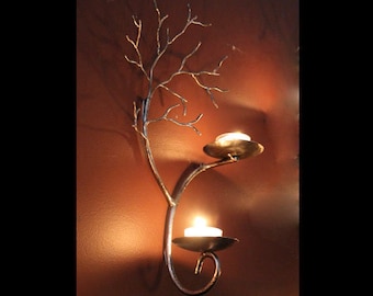 Left Hand Two candle metal  tree sculpture  wall sconce for  votive and tea candles