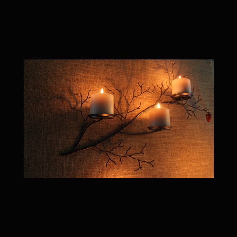 Metal tree branch sculpture wall sconce with hand turned Etsy