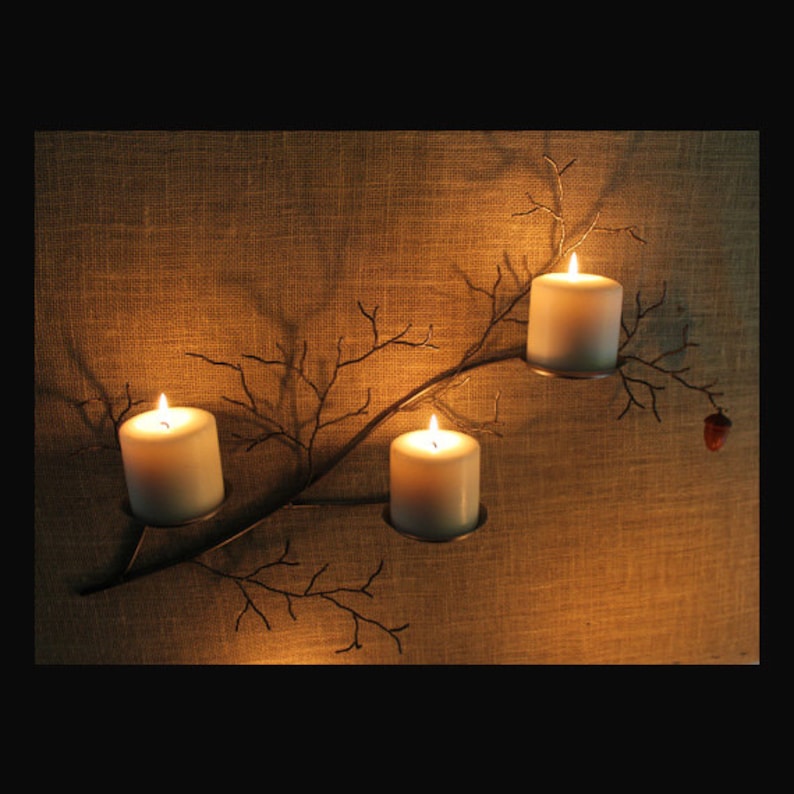 Metal tree branch sculpture wall sconce with hand turned Etsy