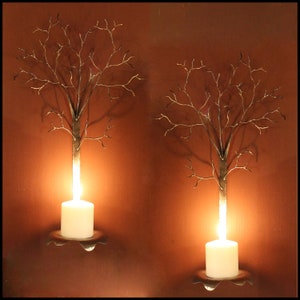 Large pair of metal  tree sclupture candle wall sconces with freeform candle plate