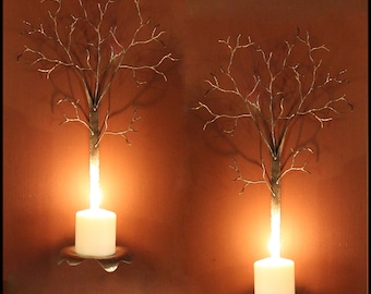 Large pair of metal  tree sclupture candle wall sconces with freeform candle plate