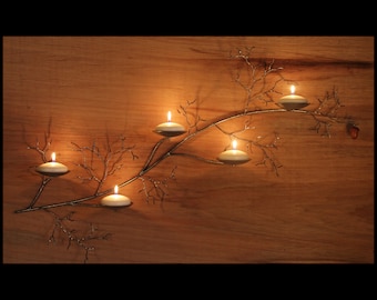 36 Inch long right hand metal  tree branch sculpture wall sconce with hand turned acorn for votive and pillar candles