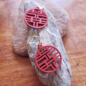 Red/ Gold 囍 Chinese Double Happiness Earrings (Chinese New Year, Wedding Bridal Shower Party Favors Gifts)