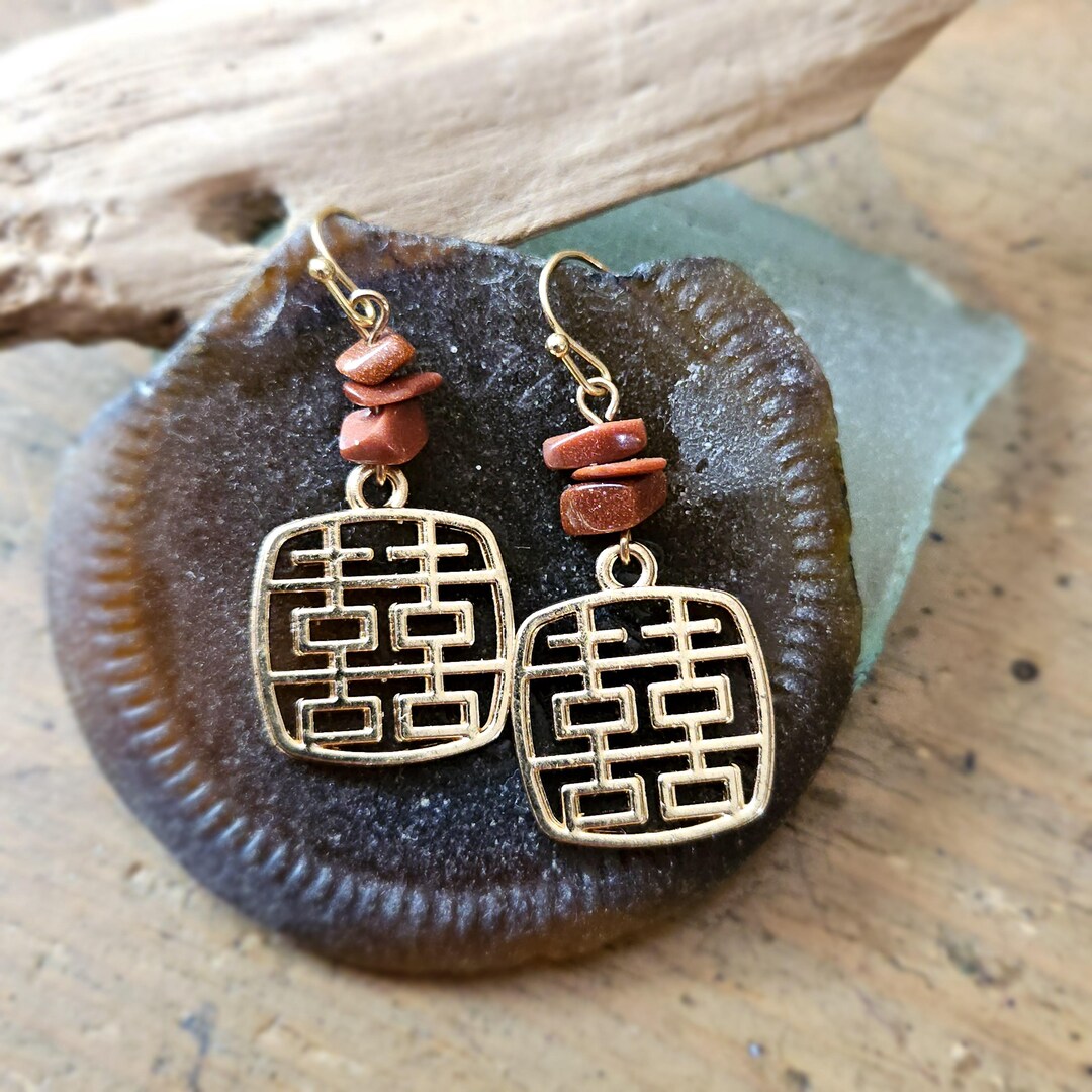 Gold 囍 Chinese Double Happiness & Gold Stone Earrings (chinese New Year ...