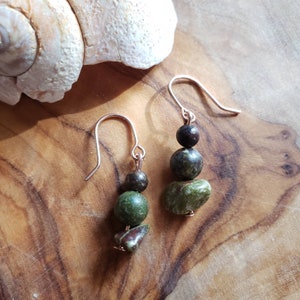 Handmade Dragon Blood Stone Quartz Healing Meditation Simple Unique Earrings Dark Army Green Rose Gold