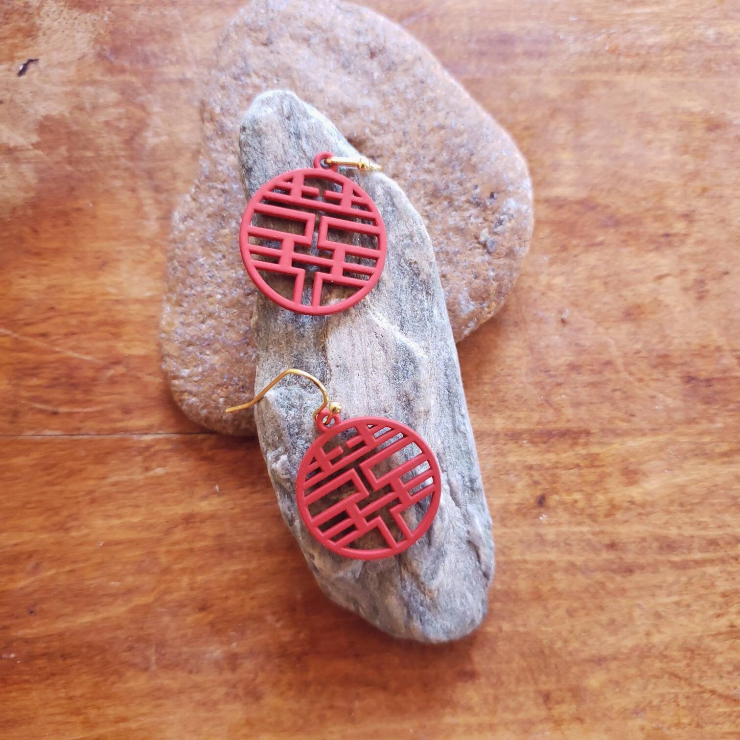 Red/ Gold 囍 Chinese Double Happiness Earrings (chinese New Year ...