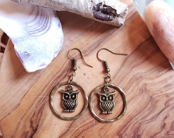 Ręcznie robione kolczyki Boho Hippie Sowa z Pełnią Księżyca na Kółku Boho Brązowe Wiszące
