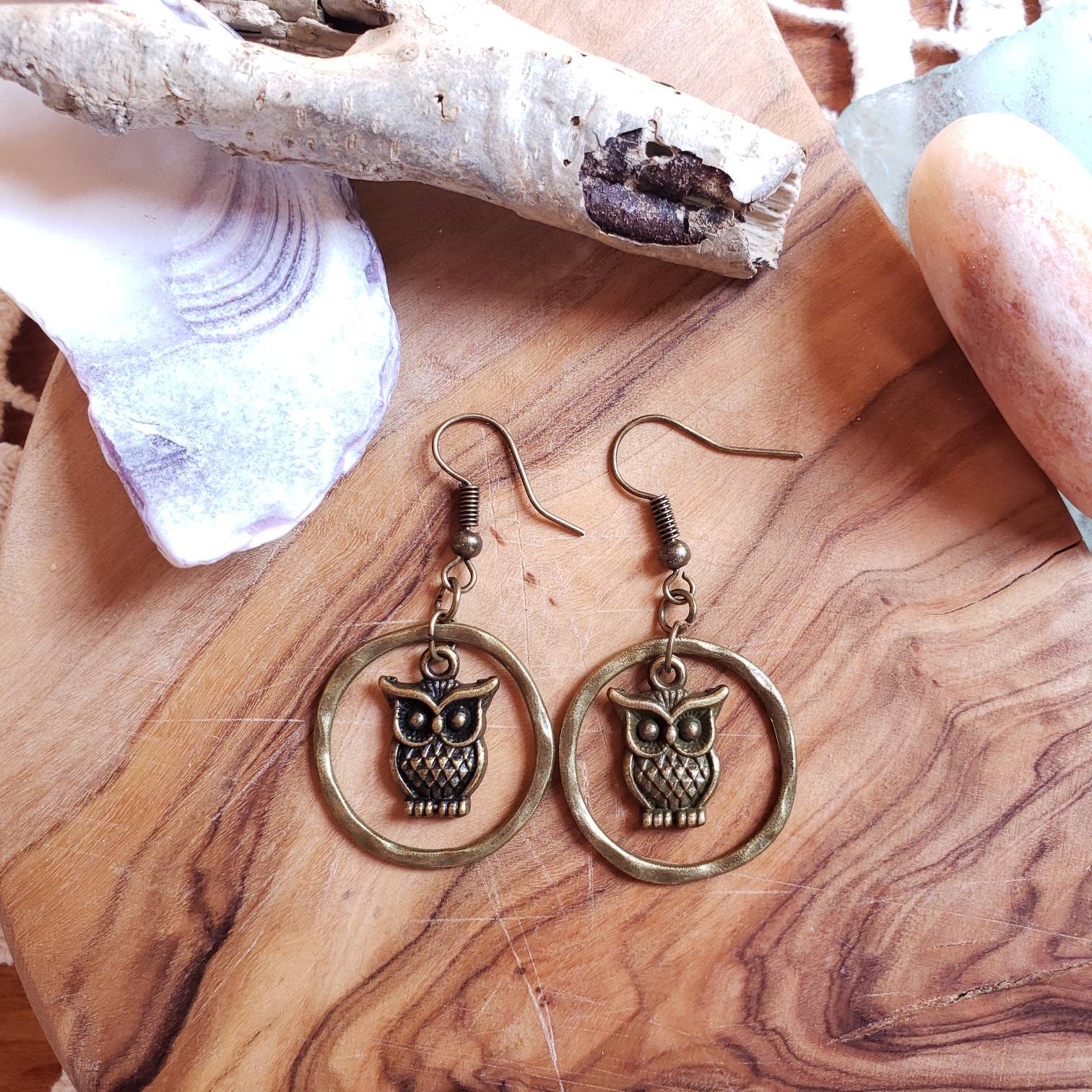 Handmade Bohemian Hippie Owl with Full Moon on a Hoop Boho Bronze Dangling Drop Earrings