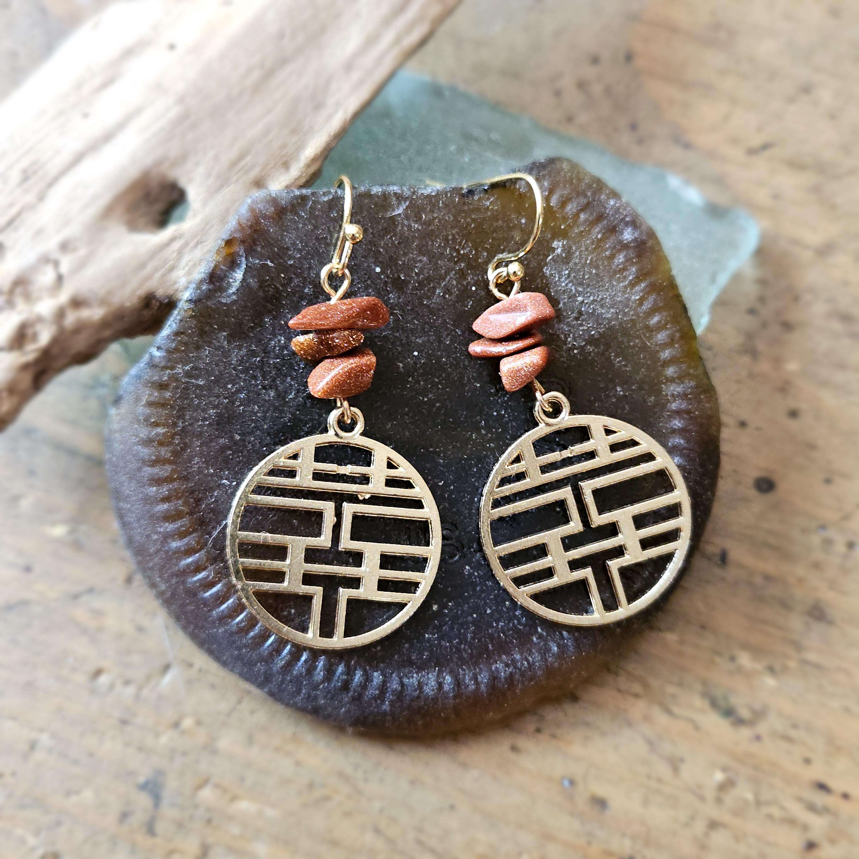 Gold 囍 Chinese Double Happiness & Gold Stone Earrings (chinese New Year ...