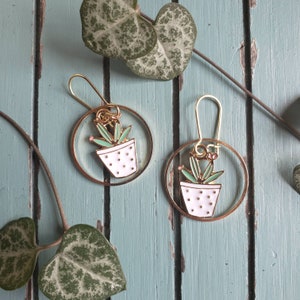 Handmade Japanese Kawaii House Plant Succulent in a Hoop Lady Nickel Free Hypoallergenic Gold Earrings