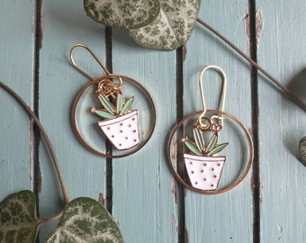 Handmade Japanese Kawaii House Plant Succulent in a Hoop Lady Nickel Free Hypoallergenic Gold Earrings