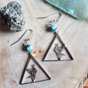 Czech Turquoise Melon Beads Dancing Japanese Origami Crane Silver Nickel-Free Earrings - Artisan Elegance