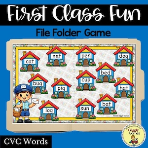 May include: A colourful file folder game titled "First Class Fun" with CVC words. The game features illustrations of houses with words like "cat," "dog," and "sun." A cartoon mail carrier is also present.