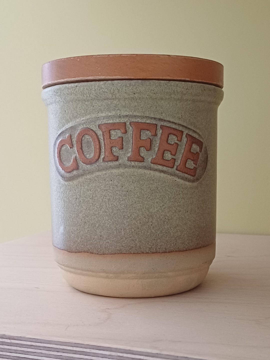 Stoneware Pottery Coffee Jar With Wooden Lid. 70s Vintage
