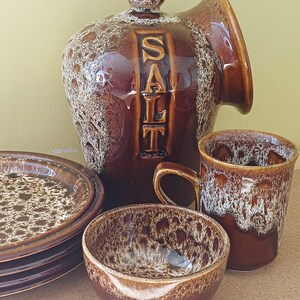 Vintage Fosters Honeycomb Glaze Pottery: Retro Brown Cornishware Salt pig, mug and plates