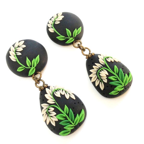 polymer clay earrings, teardrop earrings, green and black earrings, polymer clay jewelry, boho jewelry, polymer applique jewelry
