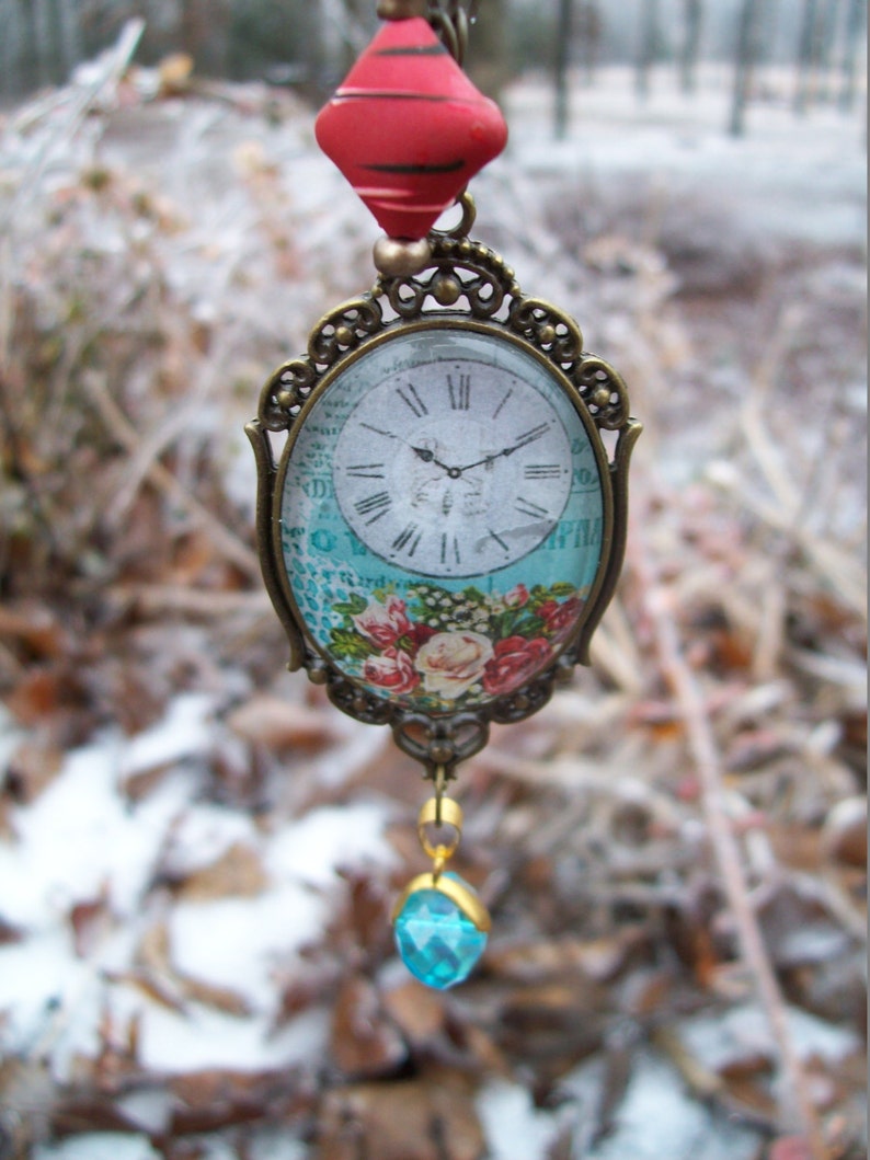 Pendant Necklace Blue Red w/ Flowers Clock and Key Etsy