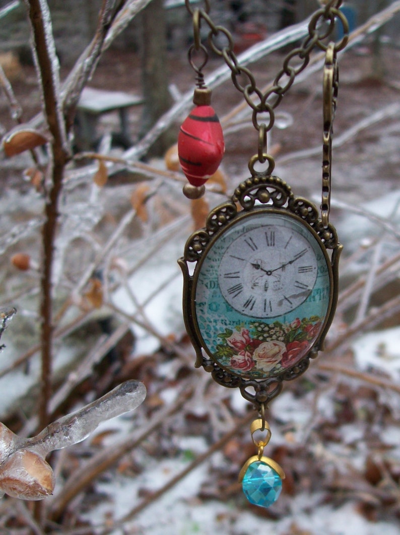 Pendant Necklace Blue Red w/ Flowers Clock and Key Etsy