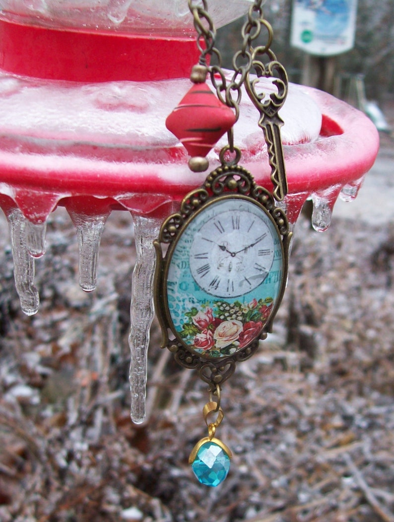 Pendant Necklace Blue Red w/ Flowers Clock and Key Etsy