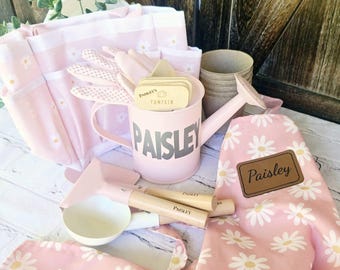 Personalized Kids Gardening Set: Tools, Watering Can, Stakes & Gloves