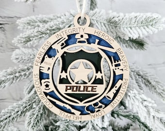 Personalized Police Officer Badge Ornament, Laser Cut Maple Wood