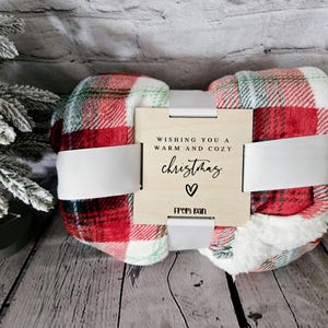 Plush Holiday Blanket with Wood Tag for Christmas gift. Teacher Gift Blanket. Realtor Blanket Tag.