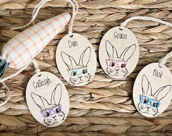 Personalized Easter Basket Tag: Laser Engraved Bunny with Glasses, Maple Wood Name Tag