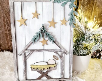 Rustic Manger Scene Wood Sign
