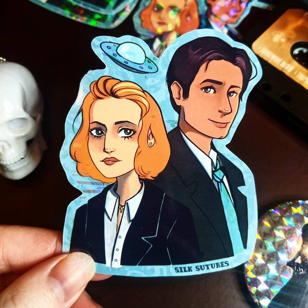 Scully and Mulder Large Gloss or Holographic Sticker X-Files 90s Television