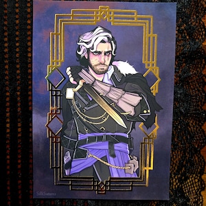 May include: Illustration of a man with white and dark hair, holding a sword. He wears a black jacket, purple sash, and gold accents. The artwork is framed with a gold art deco border on a dark blue background.