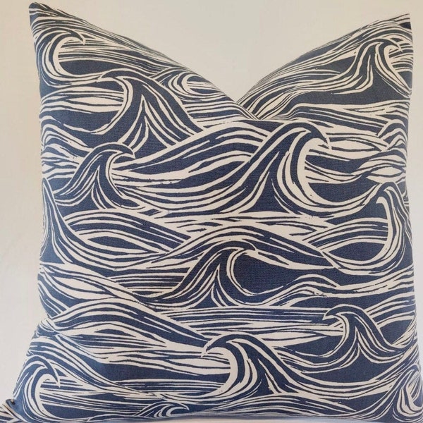 Cushion Cover Blue White Waves Nautical , choose size, 100% cotton, UK