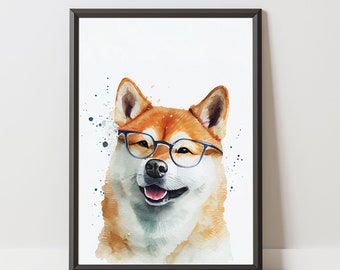 May include: Watercolour painting of a Shiba Inu dog wearing blue-rimmed glasses. The dog is smiling and has a light brown and white coat. The background is white with watercolour splatters.