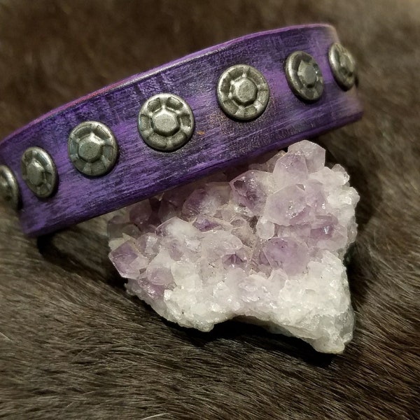 Leather Cuff, Riveted Bracelet, Purple Jewelry, Rocker Chic, Distressed Cuff, Steampunk Wear, Ladies Leather, Punk Rock Cuff, Snap, Purple