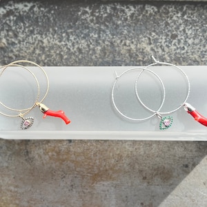 BIANCA pink diamond evil eye protector & natural red coral charms, 14K gold or sterling shimmering hoops, sing your siren song strong, gift