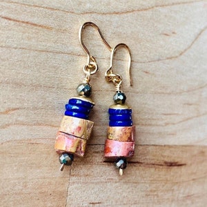 DAYTON earrings on Alison Krauss on Stephen Colbert Lapis Lazuli, antique wax-cast, charms, Bauxite disks & Pyrite w 14K Gold earwires image 1