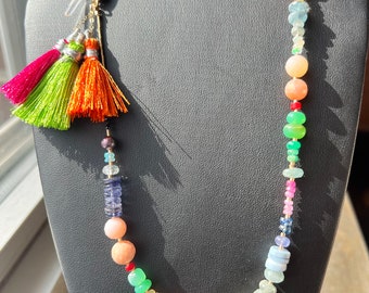 SOFIE F. necklace opal, aquamarine, and more gemstones & varied crystals, beaded necklace, boho, beach, cottage, look, colorful fine gems