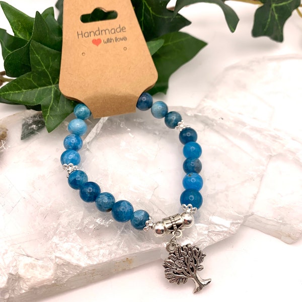 High Quality Blue Apatite Crystal Bead Bracelet 8mm With Tree of Life Charm