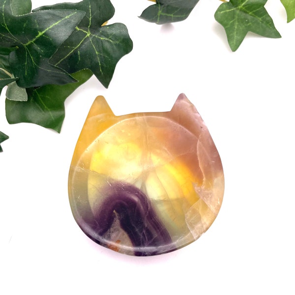 Belle sculpture de bol de tête de chat en cristal de fluorite jaune violet