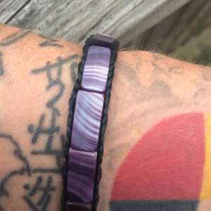 Flat Bead Wampum Bracelet with False Sinew Braid. Available on black sinew or natural sinew. image 3