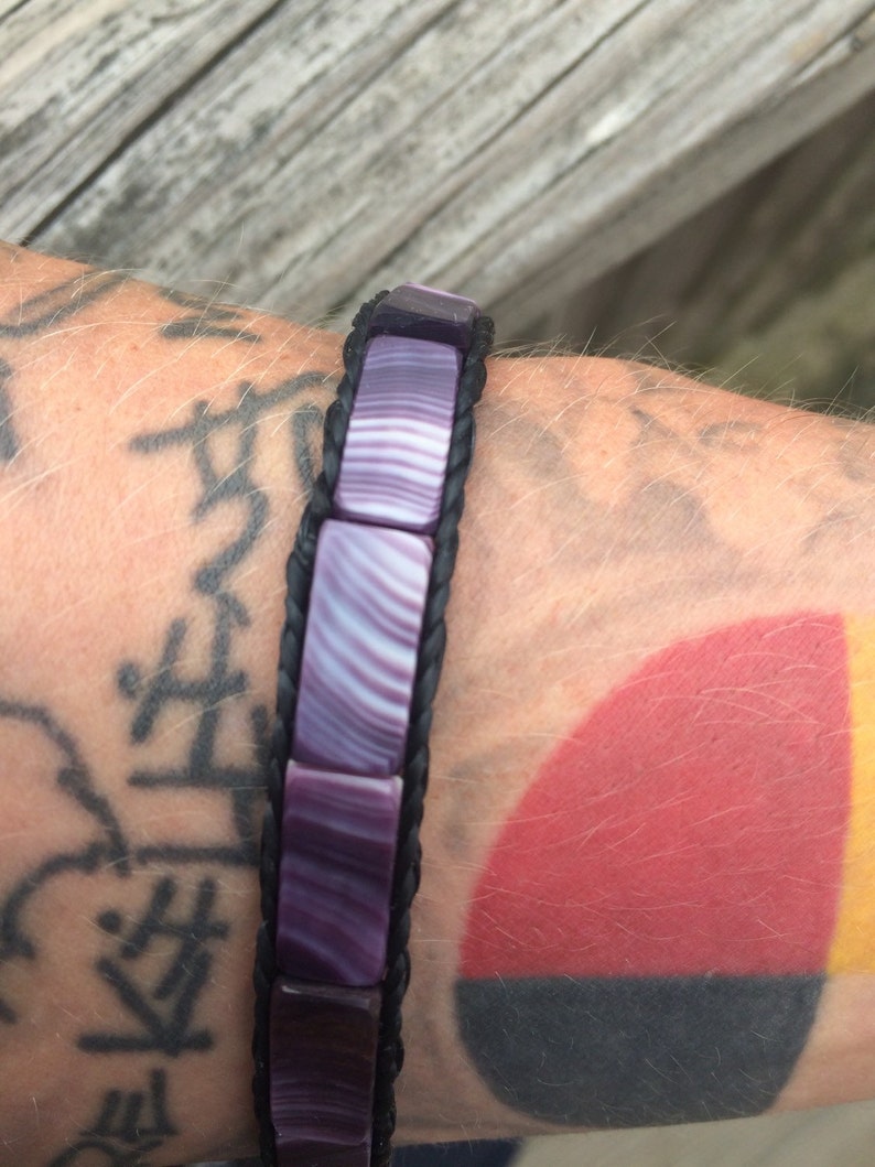 Flat Bead Wampum Bracelet with False Sinew Braid. Available on black sinew or natural sinew. image 3