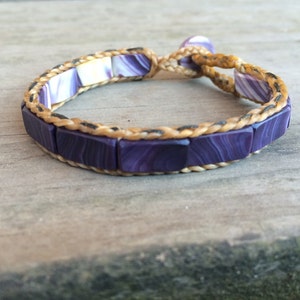 Flat Bead Wampum Bracelet with False Sinew Braid. Available on black sinew or natural sinew. image 1