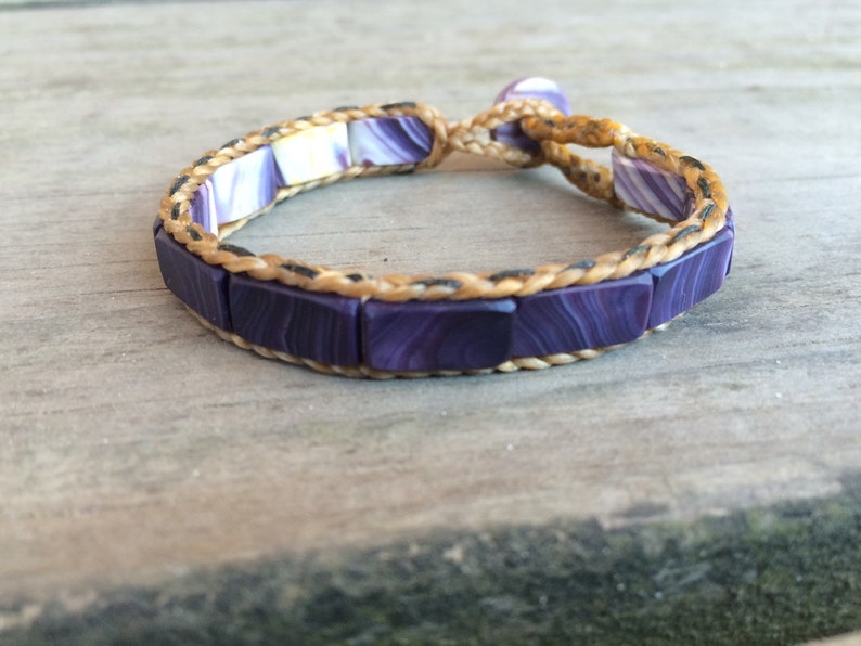 Flat Bead Wampum Bracelet with False Sinew Braid. Available on black sinew or natural sinew. image 1